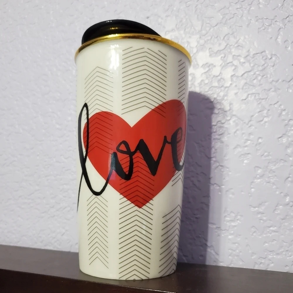 Starbucks Travel Ceramic Cup Tumbler Coffee Tea Love Heart Gold Chevron
